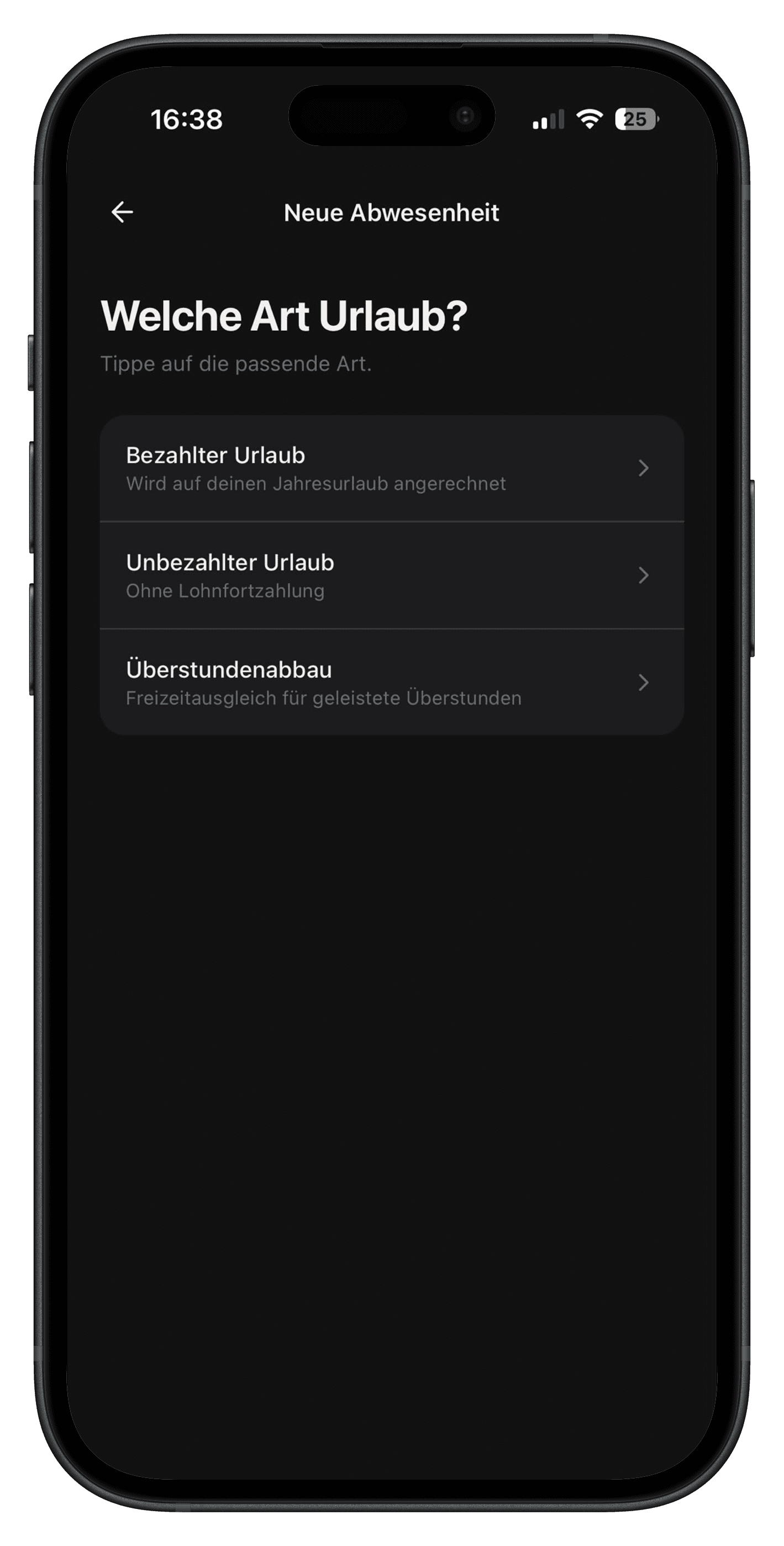 Urlaubsart wählen in der Velmio App