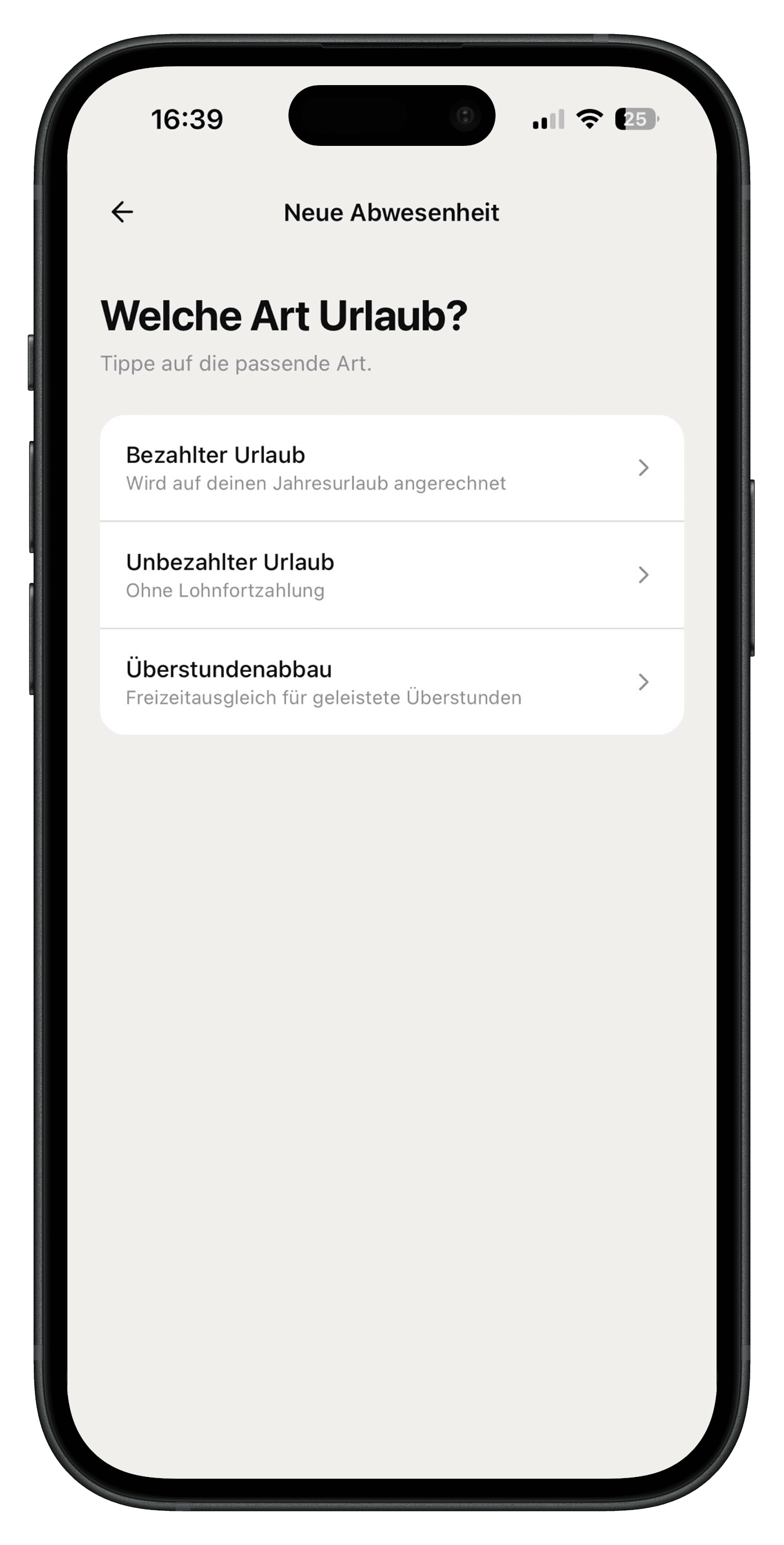 Urlaubsart wählen in der Velmio App