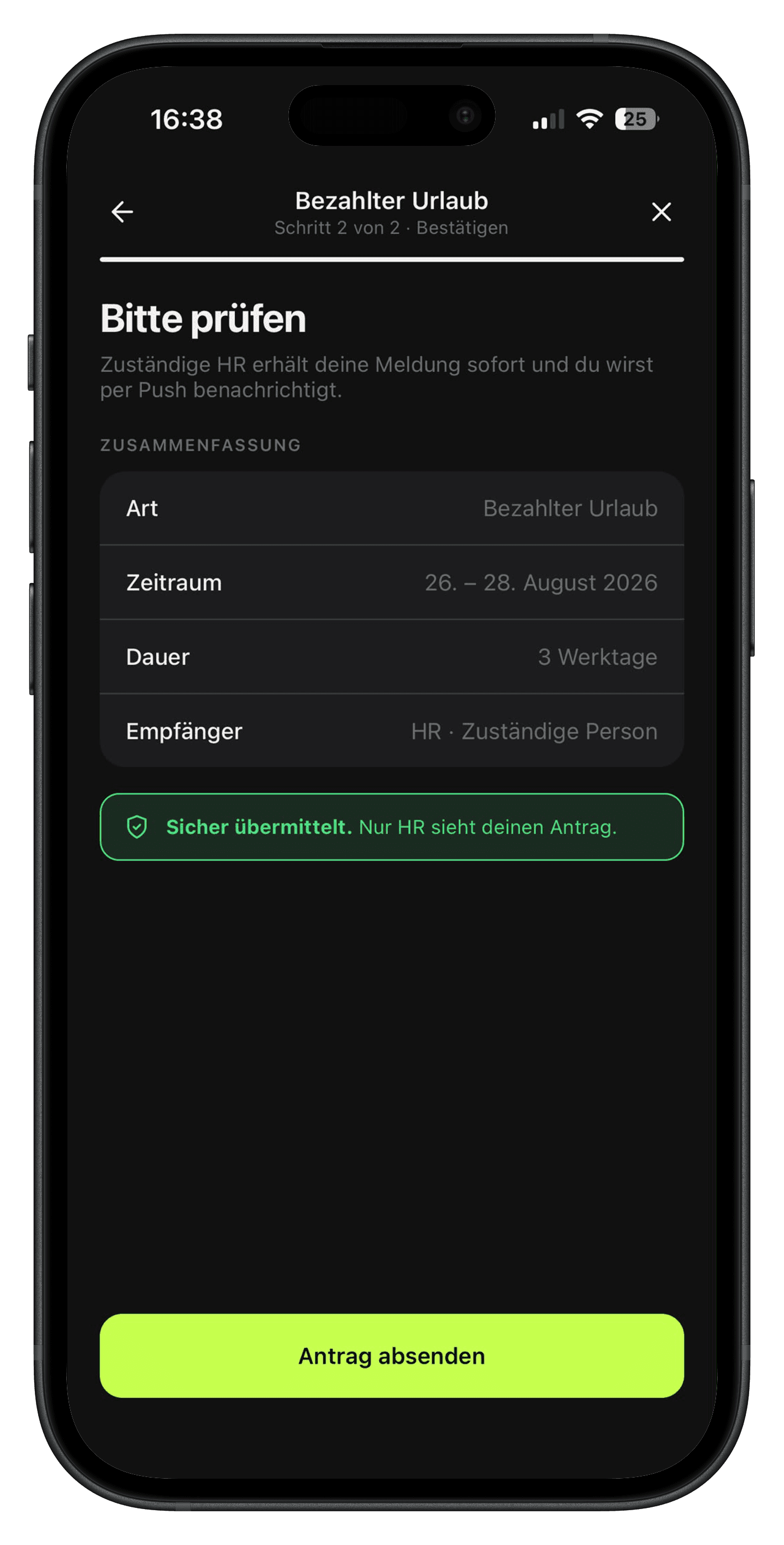Abwesenheitsantrag prüfen und absenden in der Velmio App