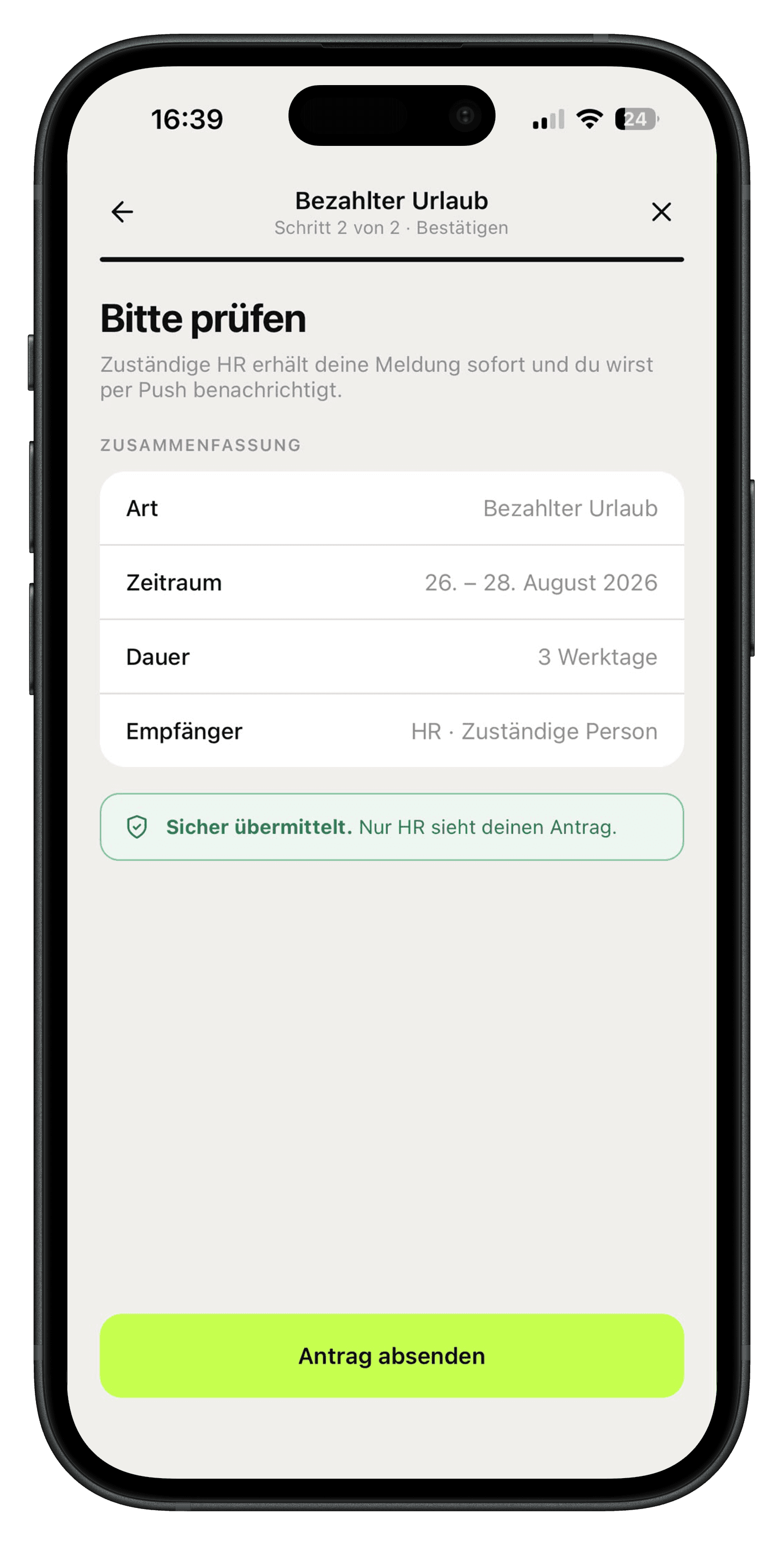 Abwesenheitsantrag prüfen und absenden in der Velmio App