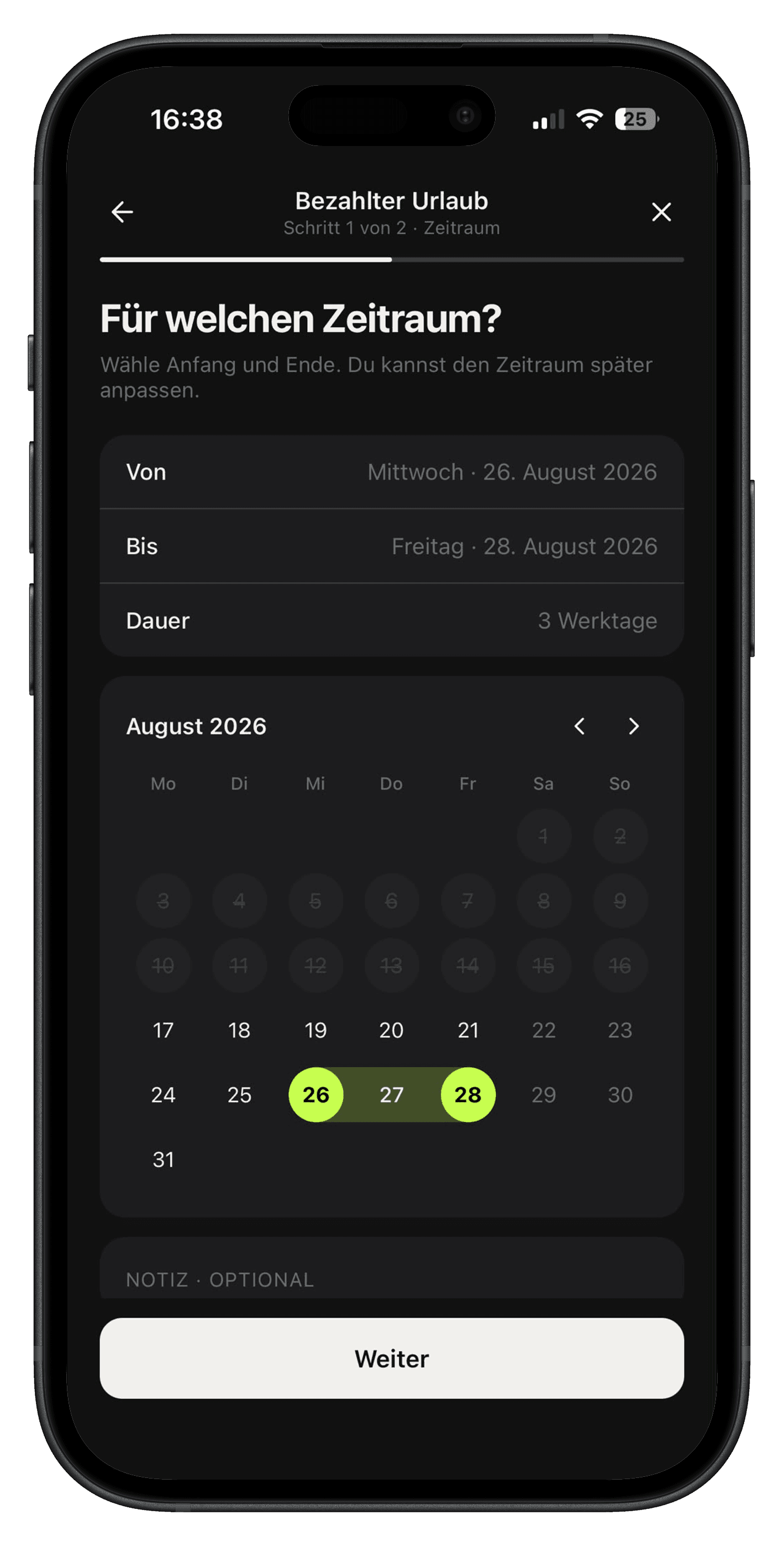 Zeitraum für den Abwesenheitsantrag wählen in der Velmio App