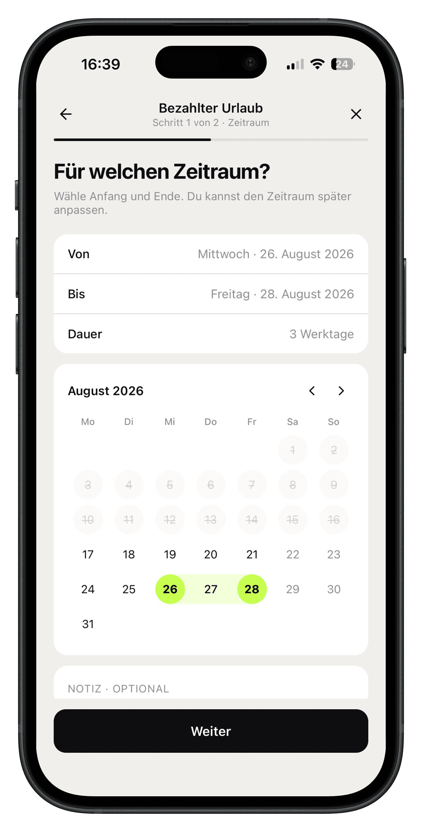Zeitraum für den Abwesenheitsantrag wählen in der Velmio App