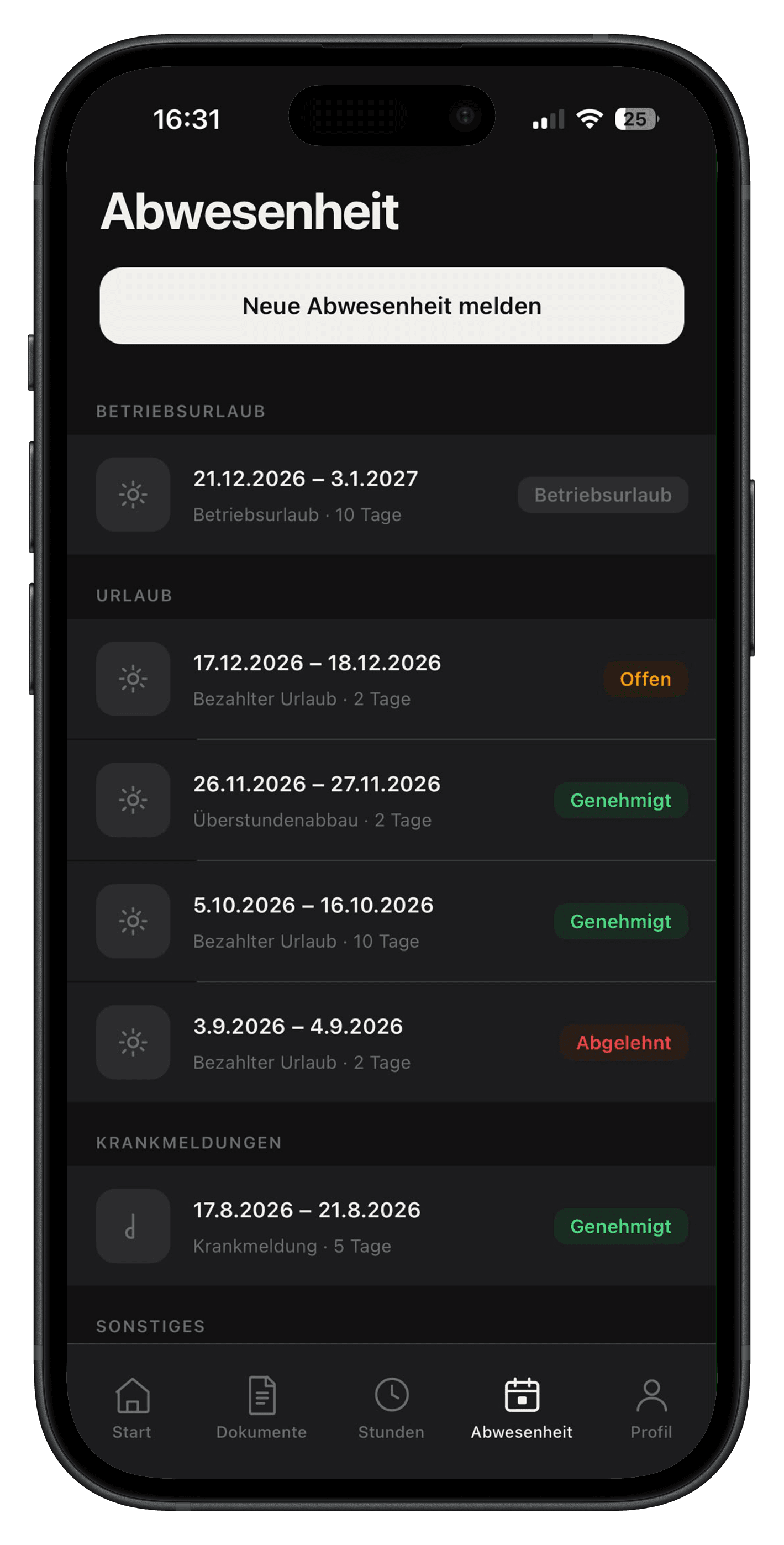 Übersicht aller Abwesenheitsanträge in der Velmio App