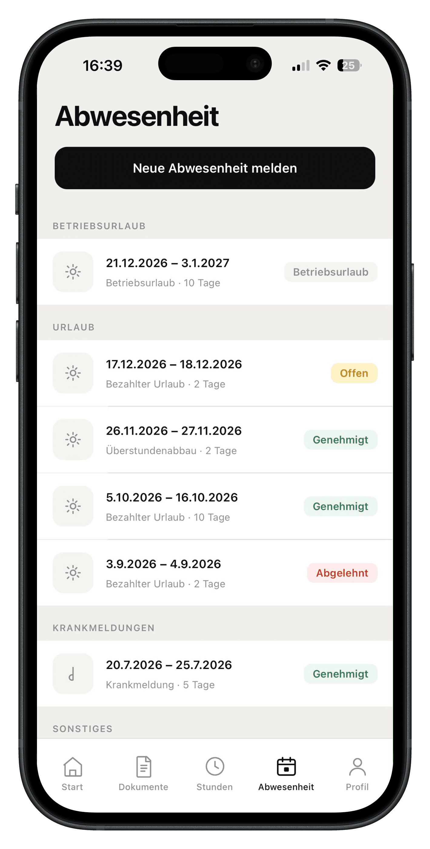 Übersicht aller Abwesenheitsanträge in der Velmio App