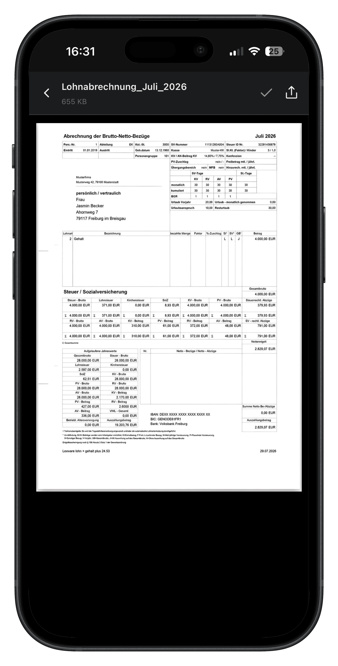 Lohnabrechnung-Detailansicht in der Velmio App