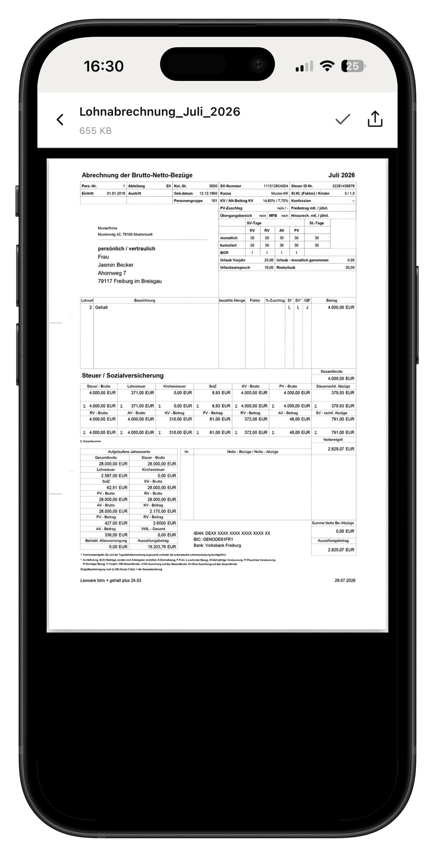 Lohnabrechnung-Detailansicht in der Velmio App