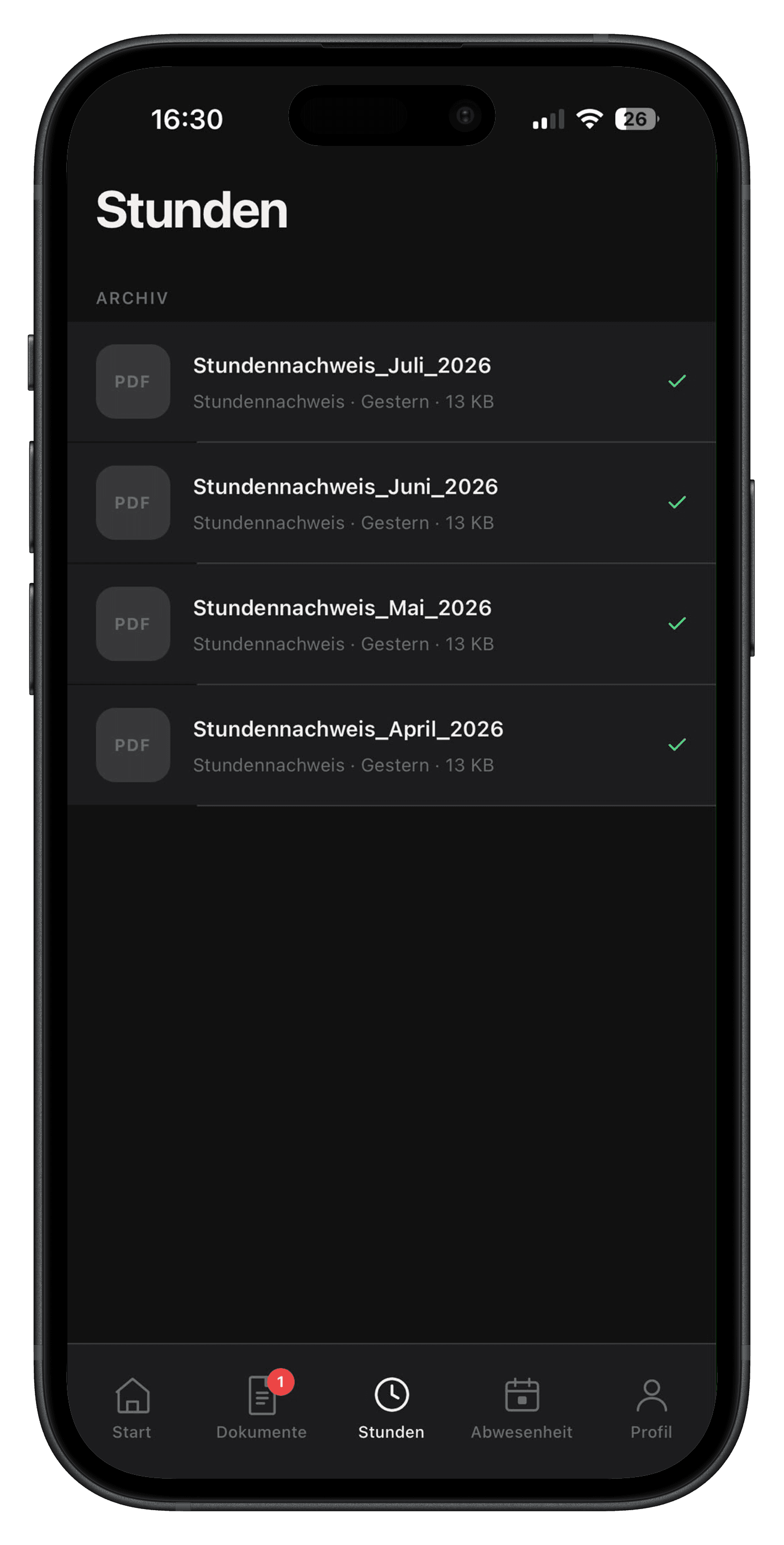 Stundennachweis-Übersicht in der Velmio App