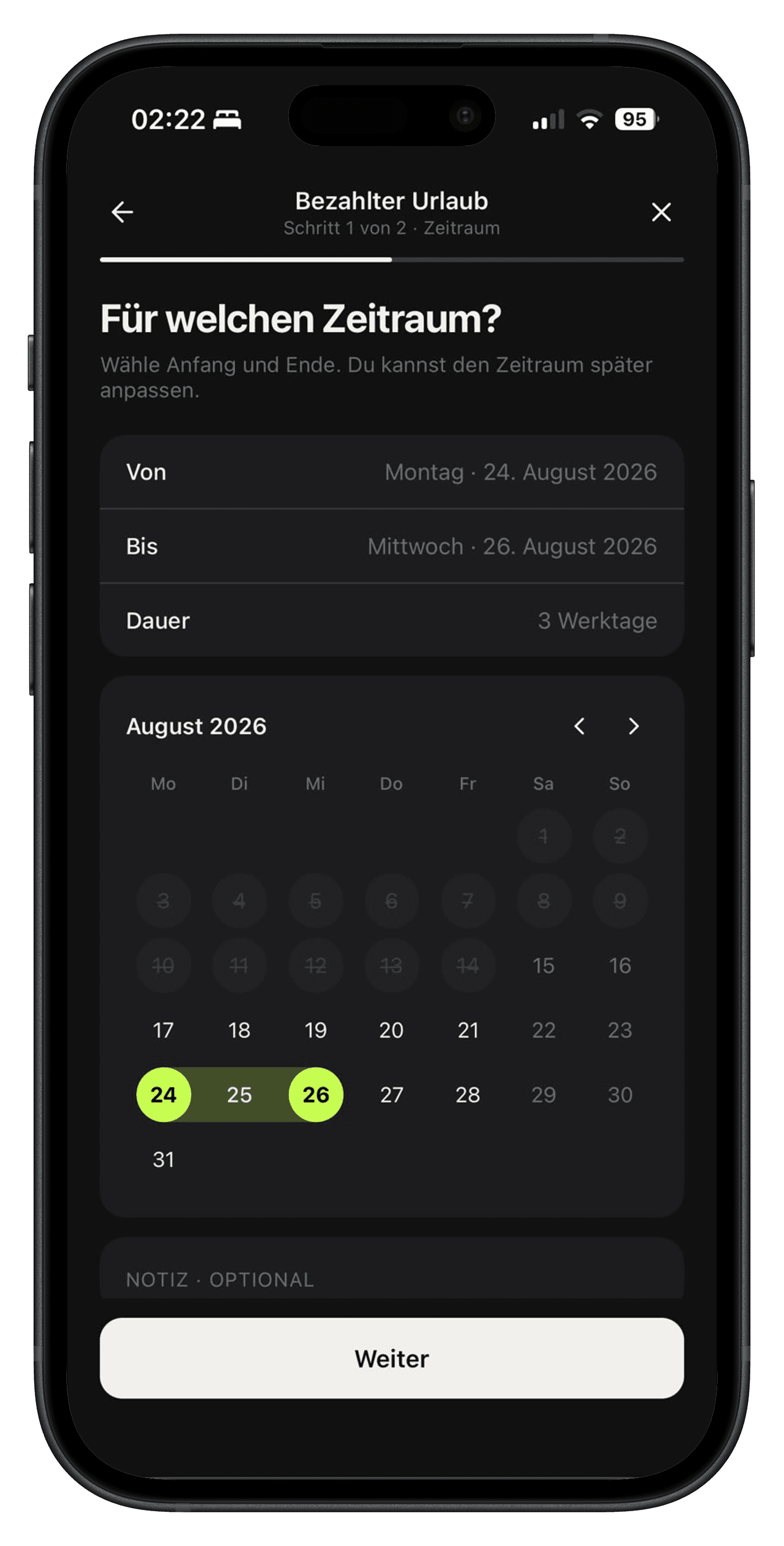 Krankmeldung in der Velmio App: Zeitraum wählen