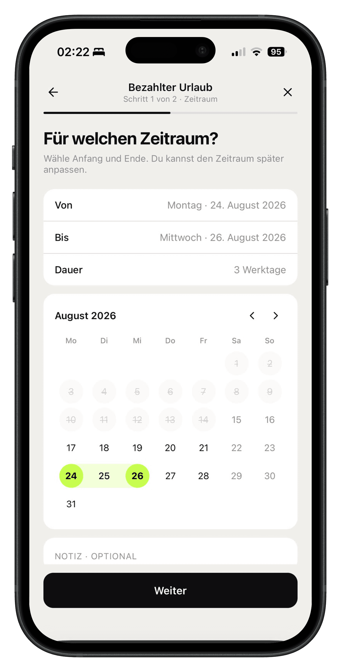 Krankmeldung in der Velmio App: Zeitraum wählen